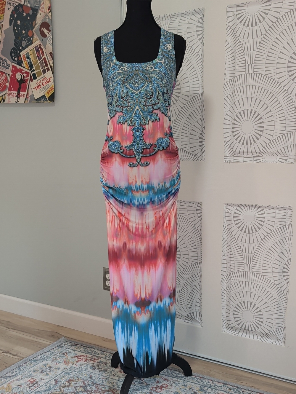 VENUS Blue and Pink Tie-Dye Maxi Dress with Embellished Bodice